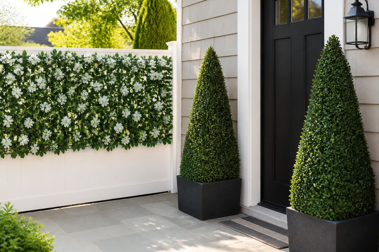UV-rated artificial boxwood topiary pair and faux hedge panel on a sunny patio