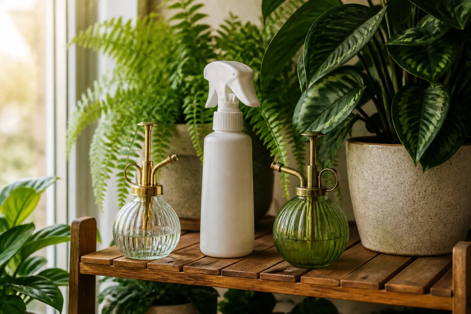 Glass, brass, and plastic plant misters on a wooden shelf beside lush indoor ferns and tropical houseplants