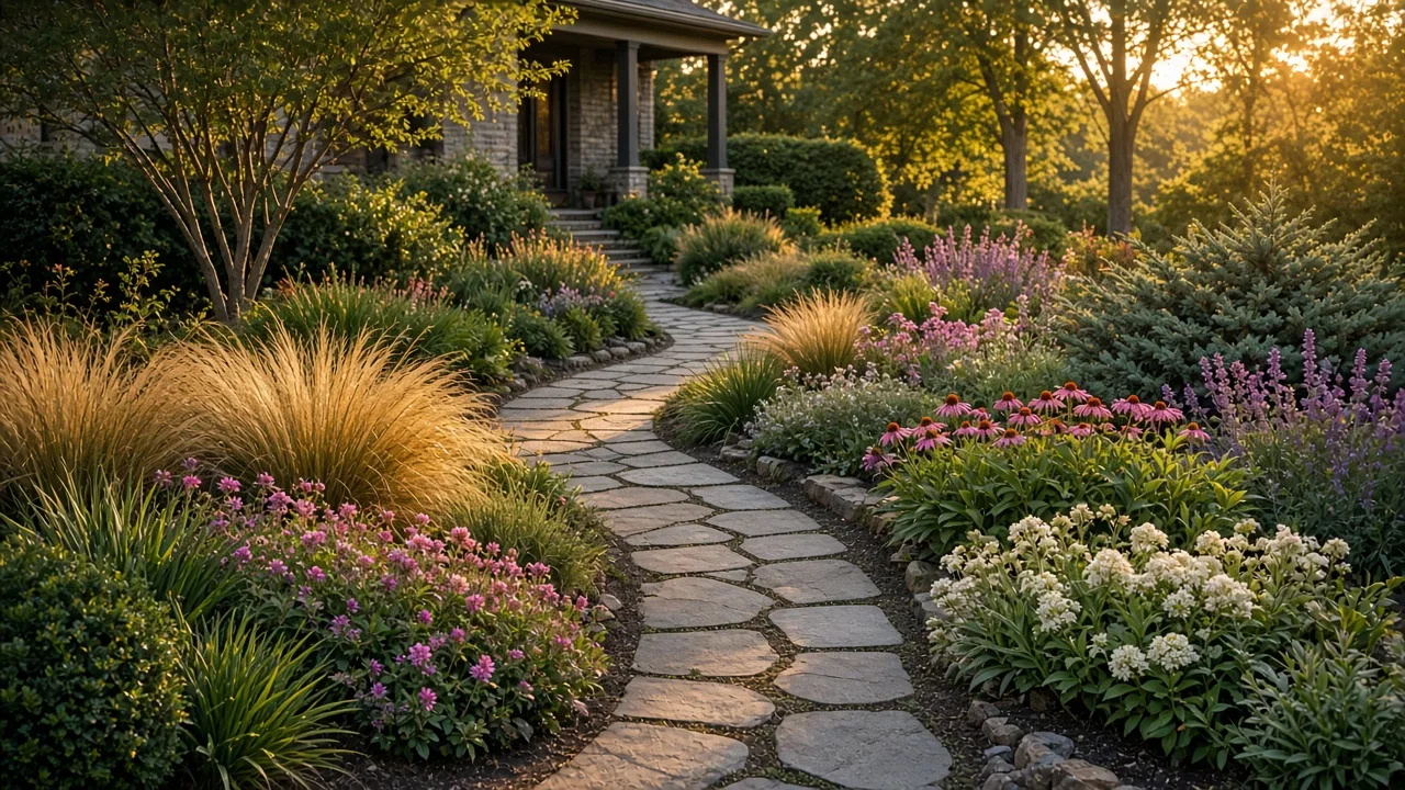 Layered front-yard planting with evergreen shrubs, grasses, and a curved path