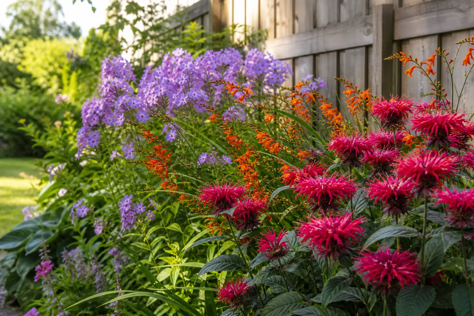 Sunny perennial border with red bee balm, orange crocosmia, and purple phlox blooms along a wooden fence
