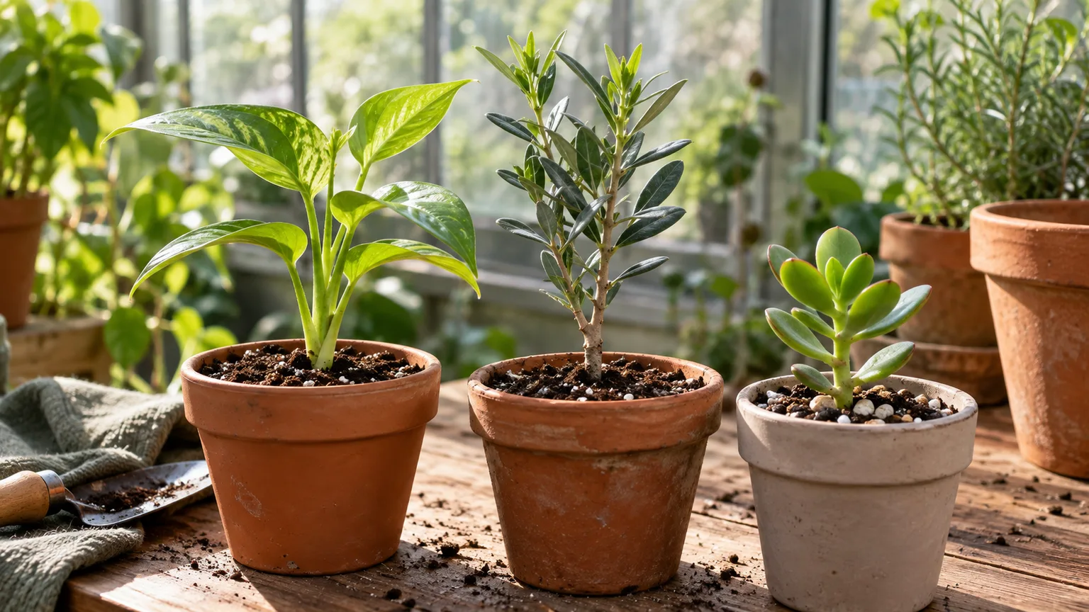 Garden cuttings rooted directly in separate pots of soil on a greenhouse potting bench