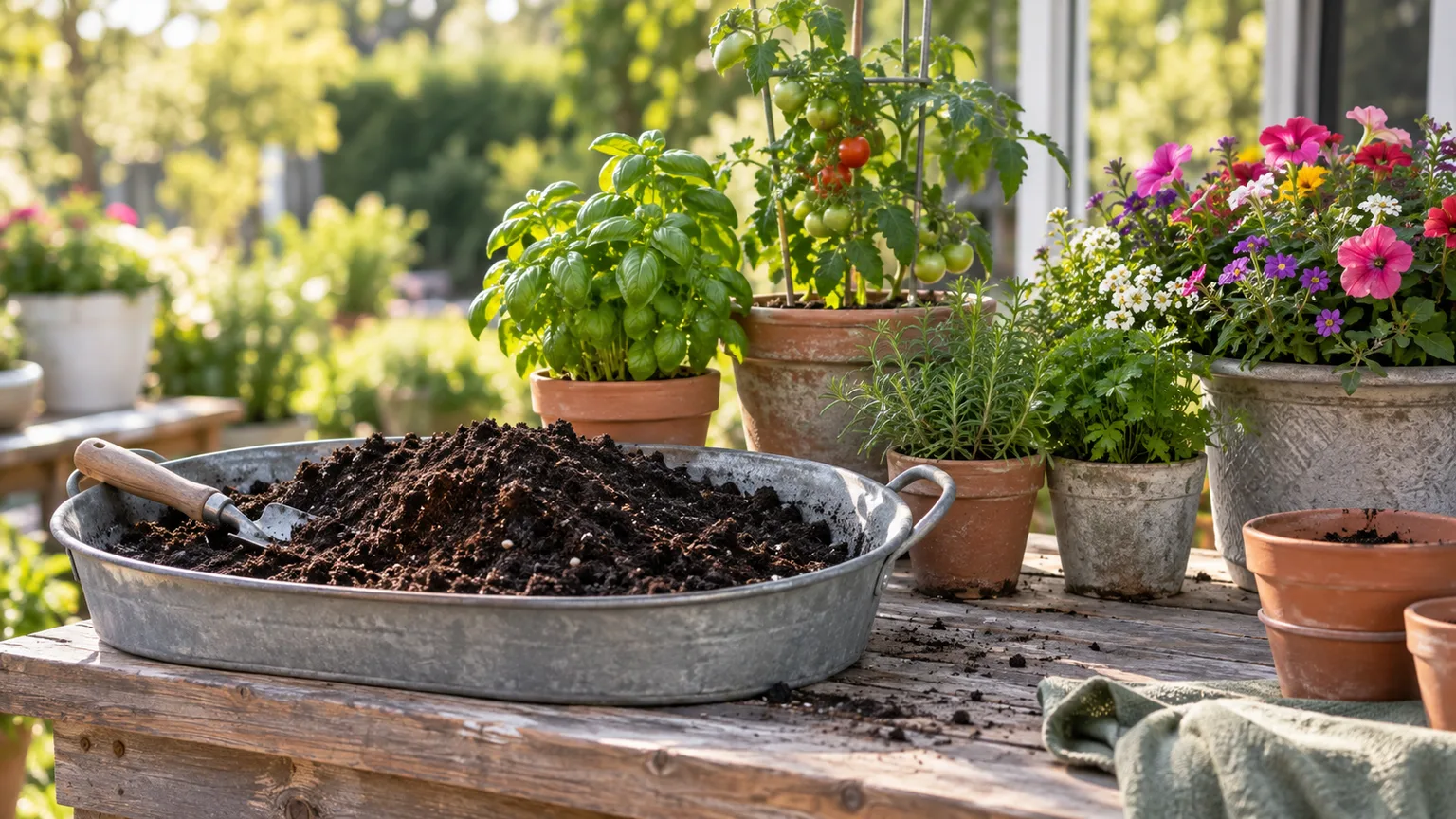 Outdoor container garden with potting mix, herbs, a tomato plant, and flowering annuals.
