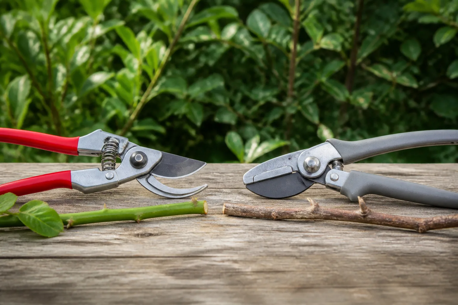 Bypass and anvil pruning shears on a garden table beside a green stem and dry branch