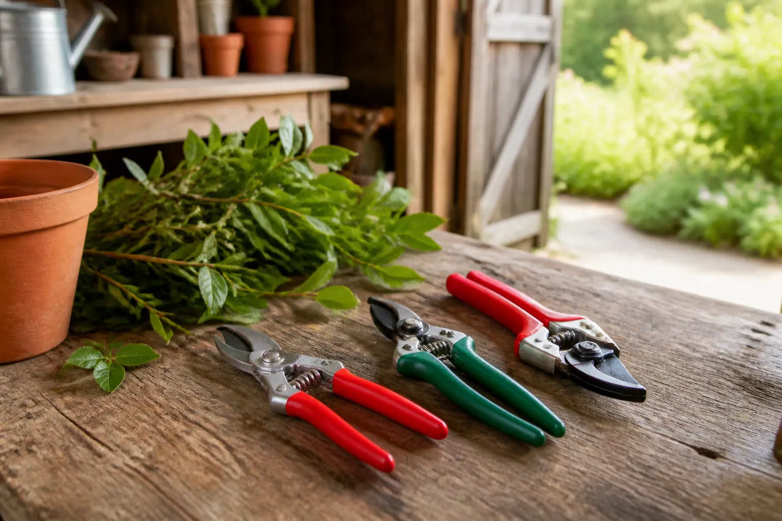 Bypass and anvil pruning shears on a wooden potting bench beside green shrub trimmings in a garden shed