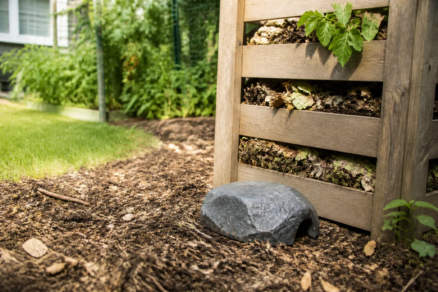 Rock-shaped tamper-resistant rodent bait station beside a wooden compost bin at a garden edge