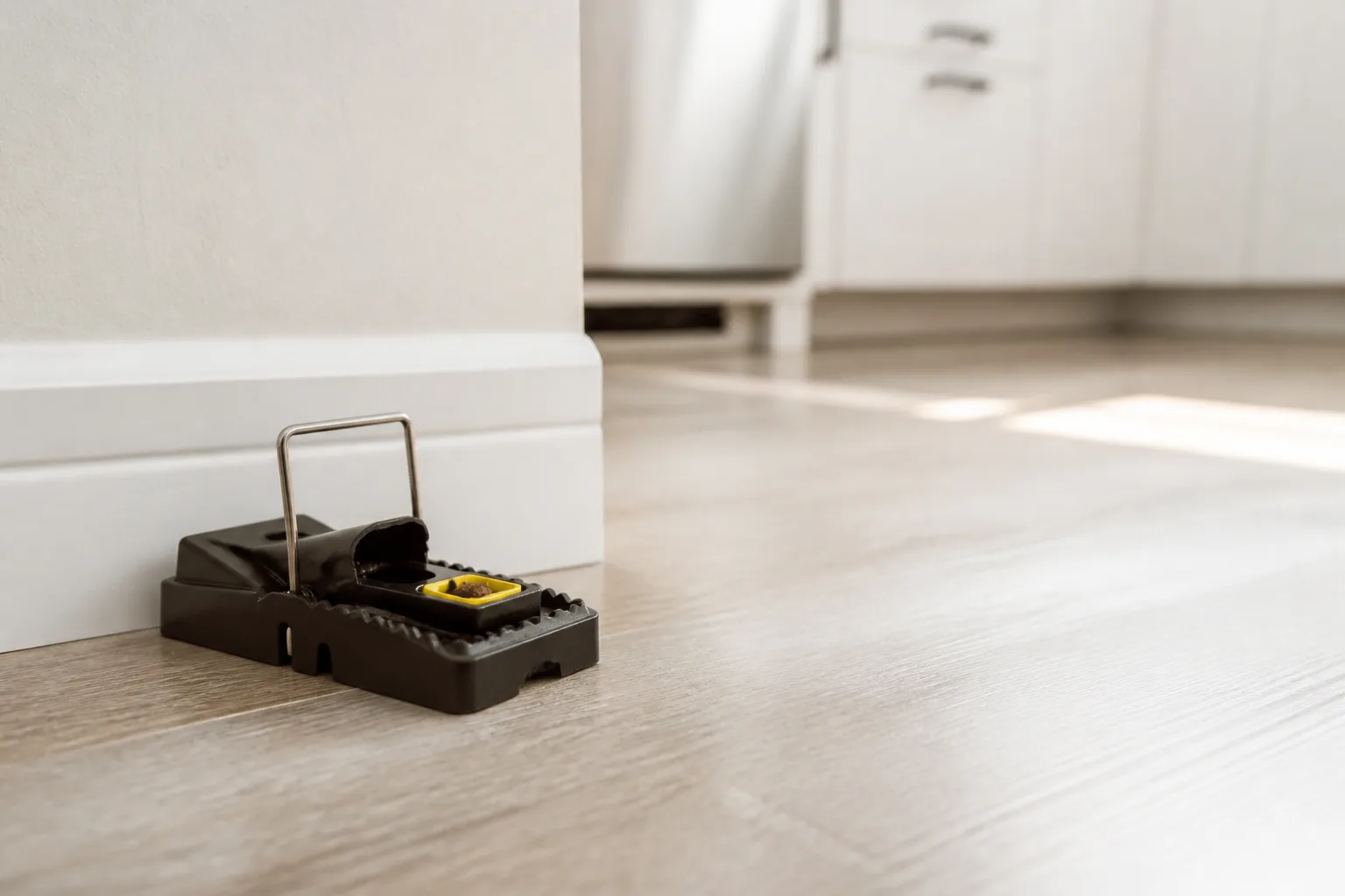 Plastic rat snap trap with bait cup set on a kitchen floor against a white baseboard wall