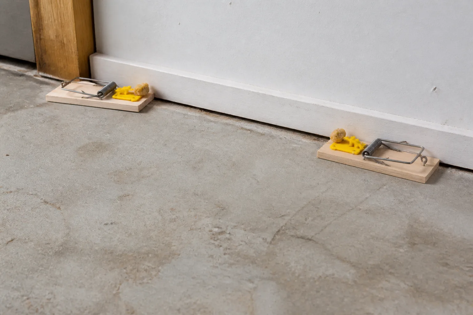 Two snap traps on a garage floor positioned in a T against the wall with baited ends touching the baseboard
