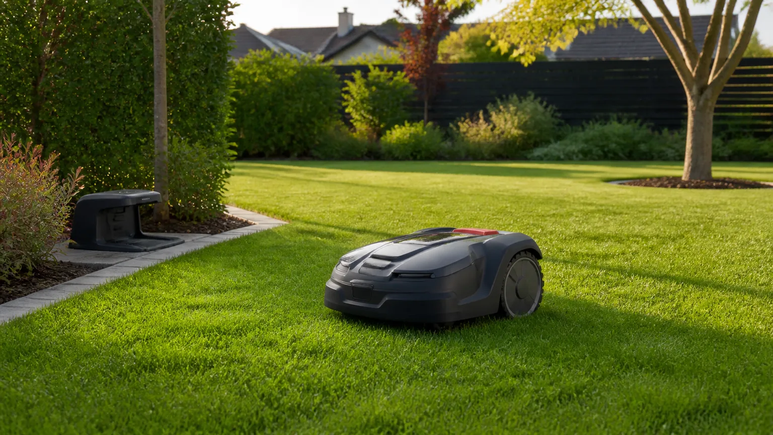 Robotic lawn mower working on a neatly maintained suburban lawn beside its charging dock