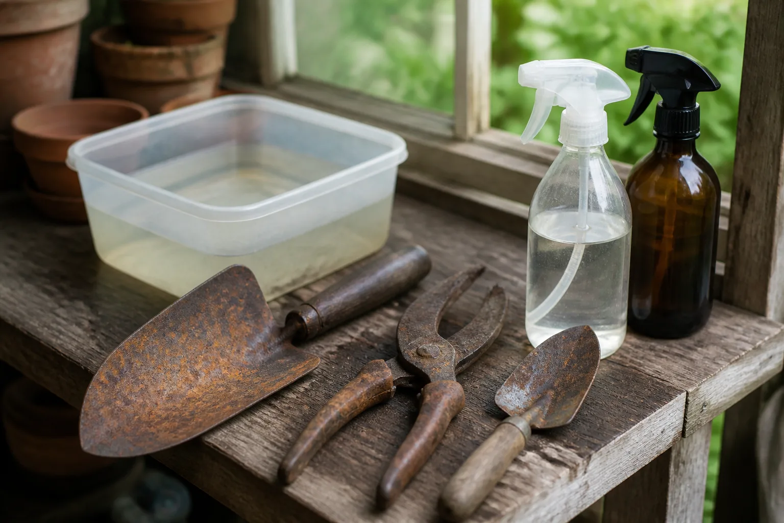 Rusty garden hand tools on a potting bench beside cleaning supplies and a plastic soak tub