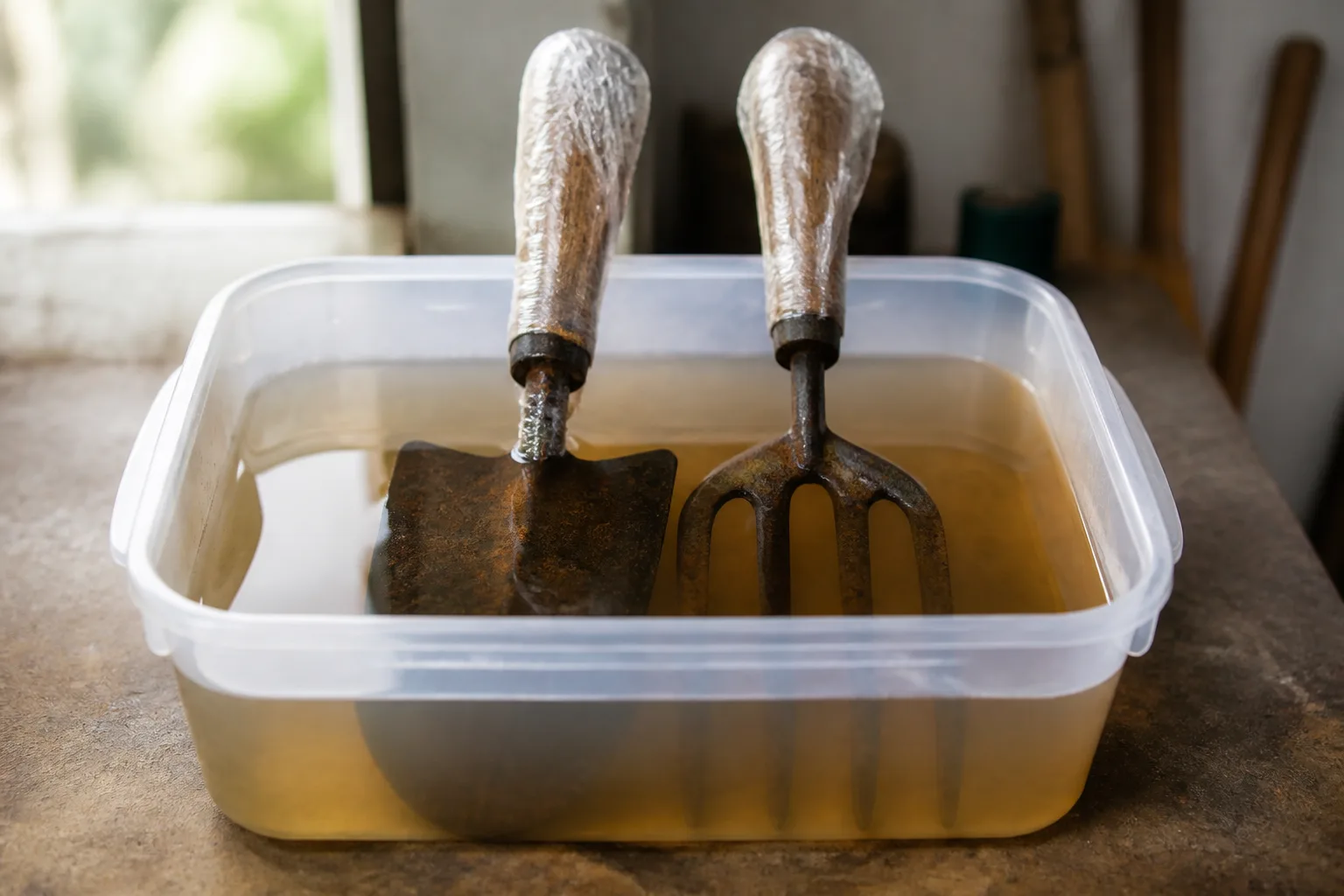 Garden trowel and hand fork soaking in a plastic tub of rust remover with wooden handles kept above the solution