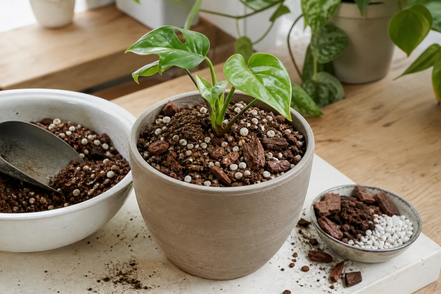 Chunky indoor potting mix with perlite and bark in a nursery pot with a small tropical plant