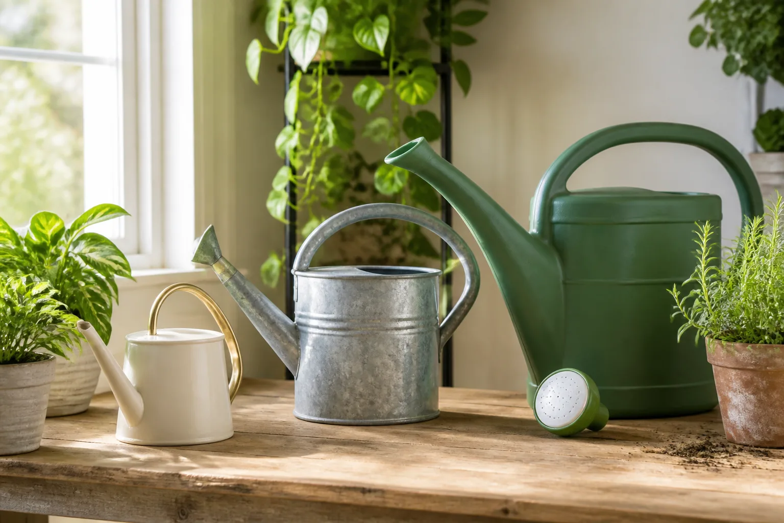 Assorted indoor and outdoor watering cans on a potting bench beside potted plants