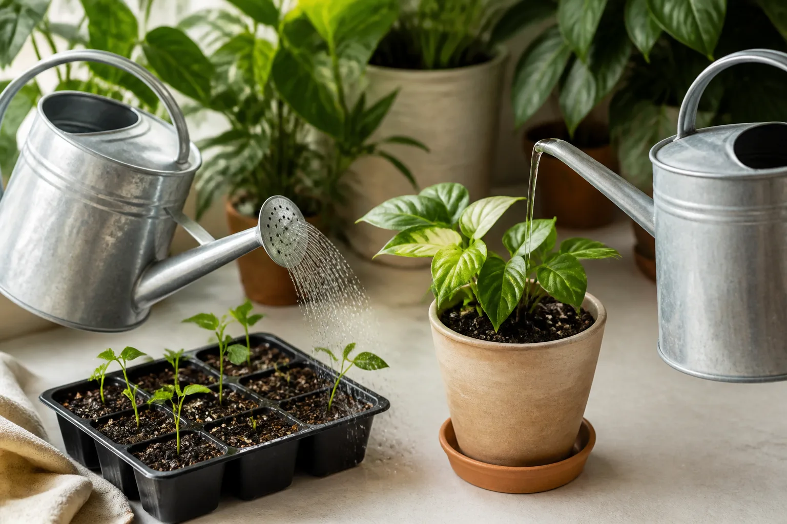 Watering can rose sprinkler head beside a narrow straight spout for seedling trays and houseplants