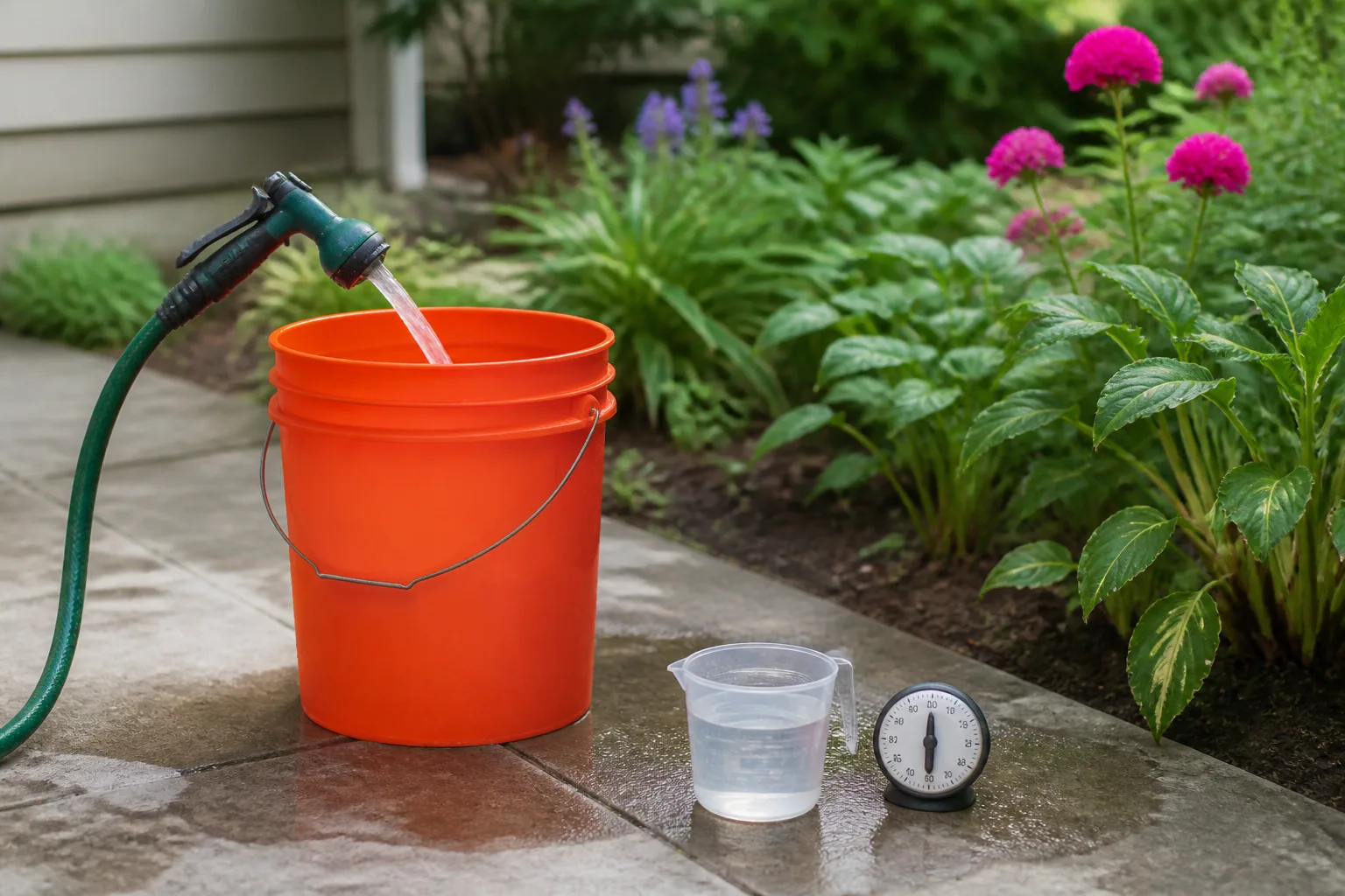 One-gallon bucket on a patio filling from a garden hose to measure flow rate