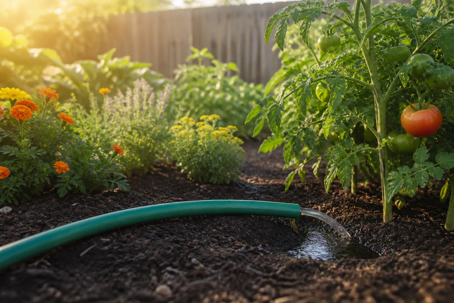 Green garden hose trickling water at the base of tomato plants and flowers in a mulched backyard bed at morning light