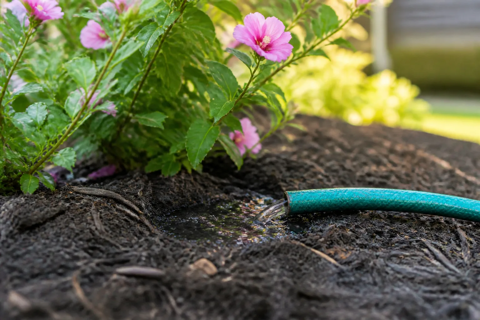 Garden hose resting on mulched soil with a slow trickle soaking the base of a flowering shrub