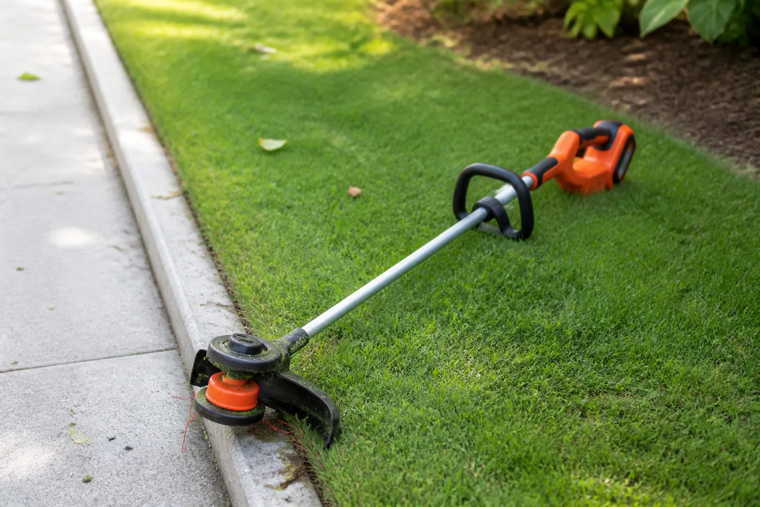 Battery-powered string trimmer resting on a suburban lawn beside a concrete sidewalk edge