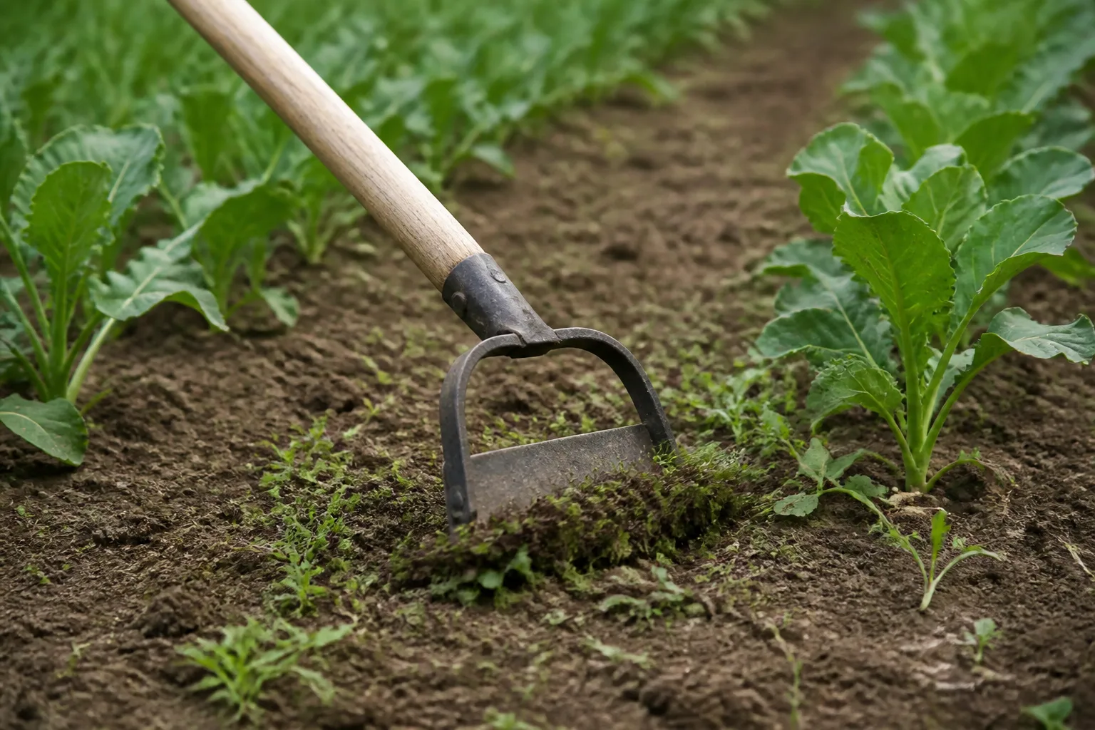 Stirrup scuffle hoe slicing shallow weeds in a vegetable garden row