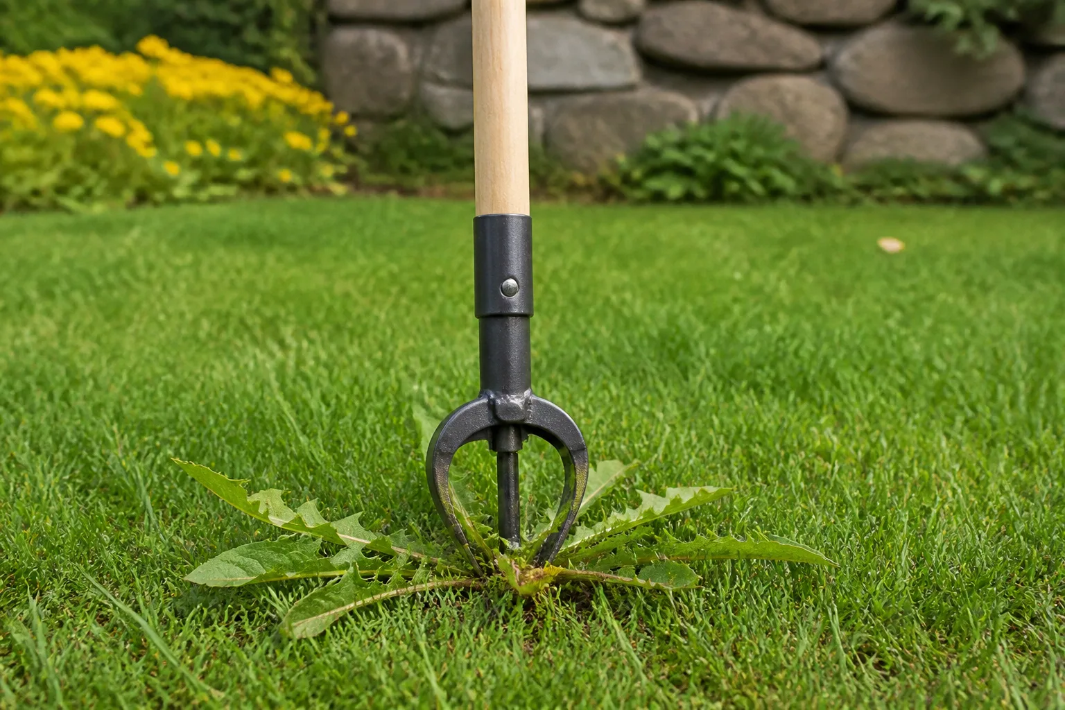 Stand-up weed puller positioned over a dandelion rosette in a green lawn