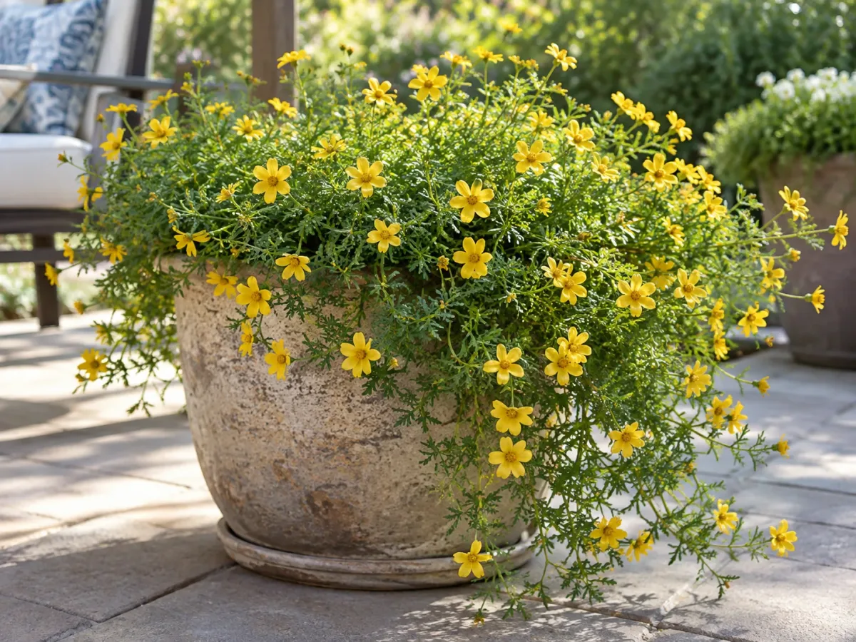 Golden Bidens spilling over the edge of a well-drained patio container in full sun