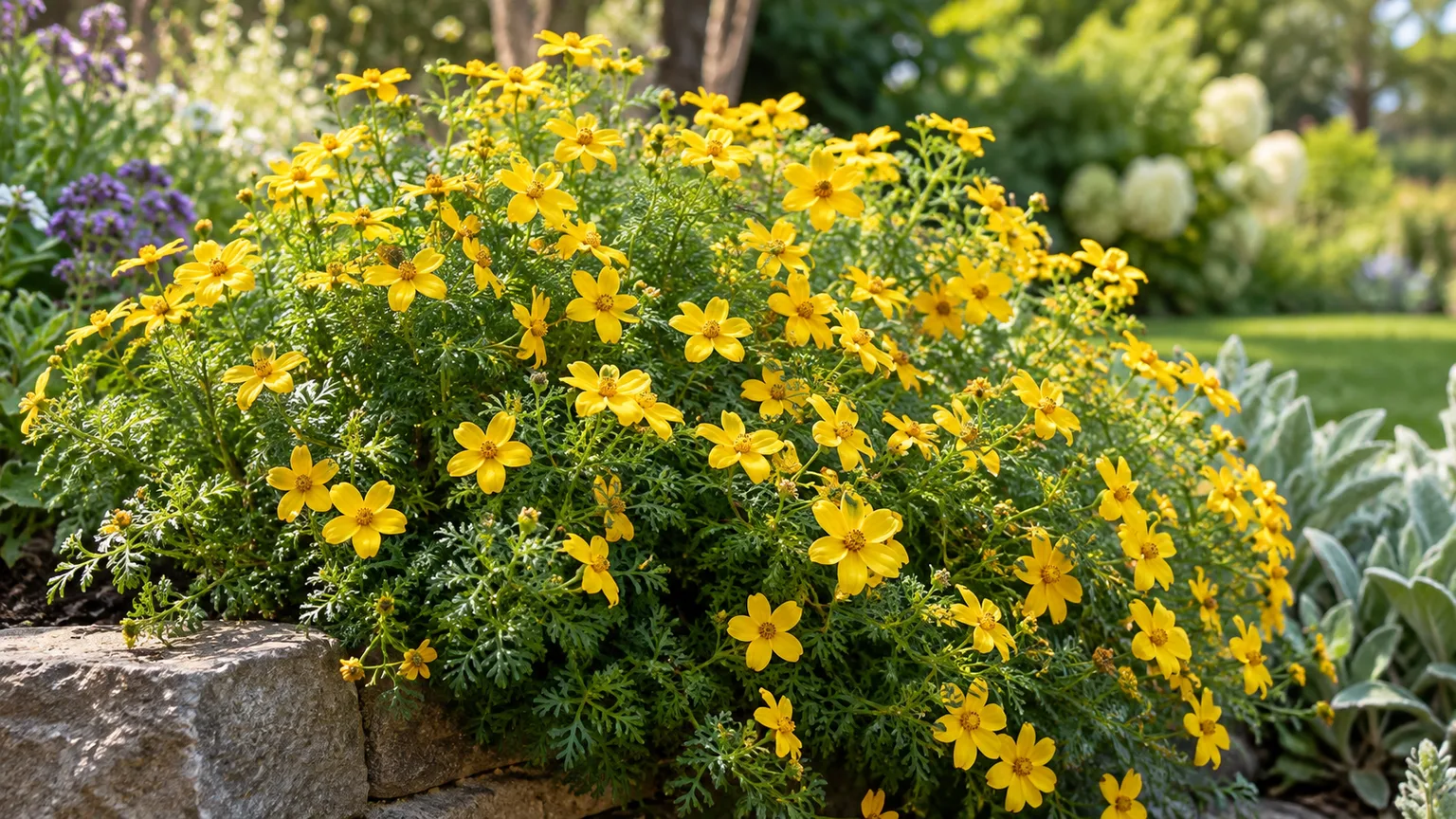 Healthy Bidens ferulifolia with yellow daisy-like flowers in a sunny garden border