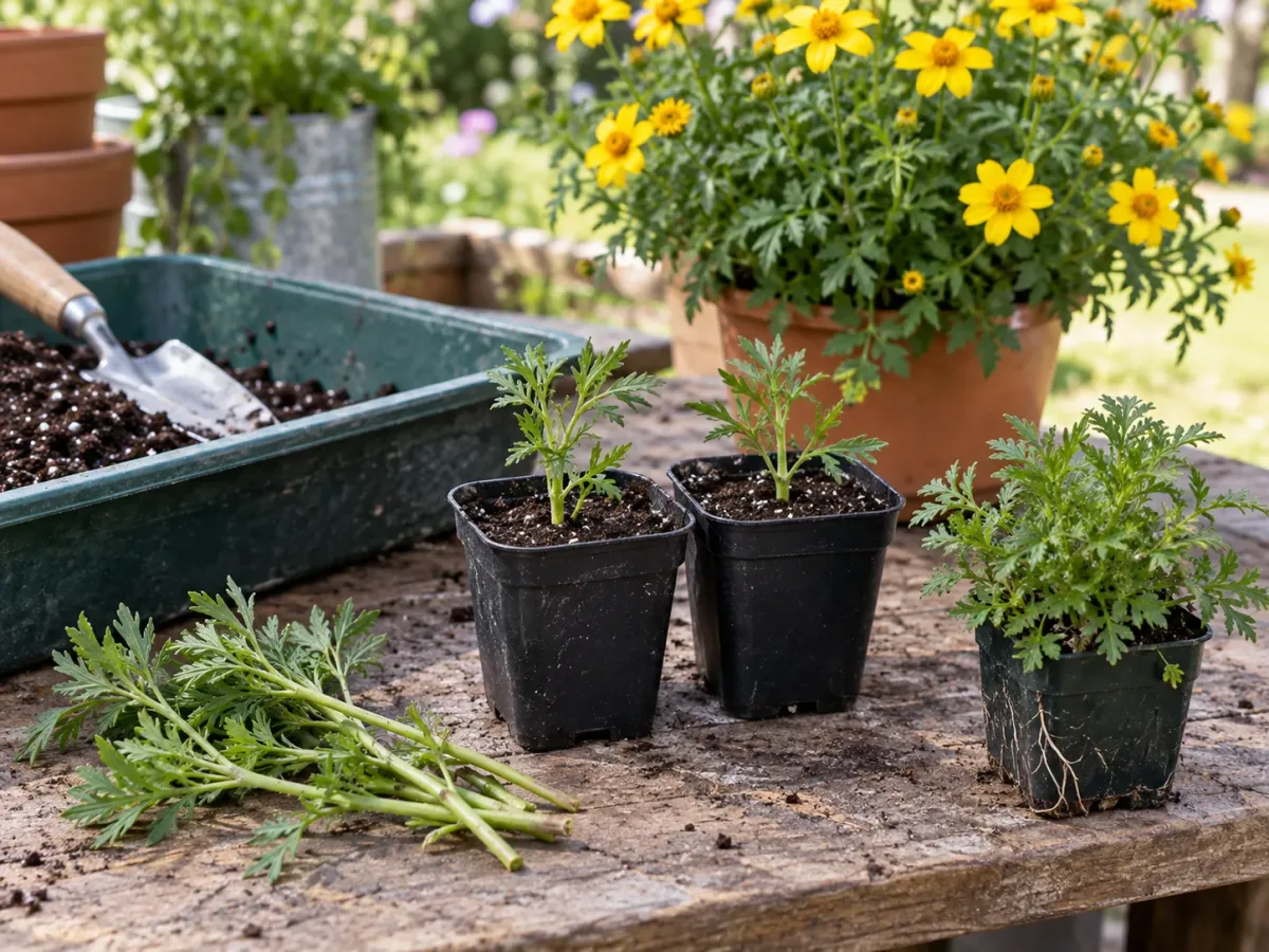 Young Bidens seedlings and rooted stem cuttings in small pots on a bright outdoor potting bench