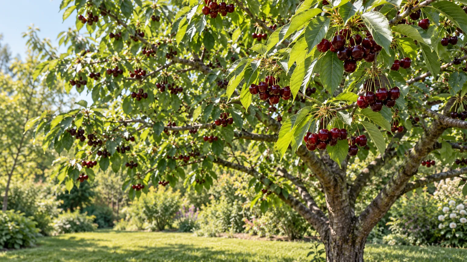 A healthy Bing sweet cherry tree bearing glossy dark red cherries in a sunny home orchard