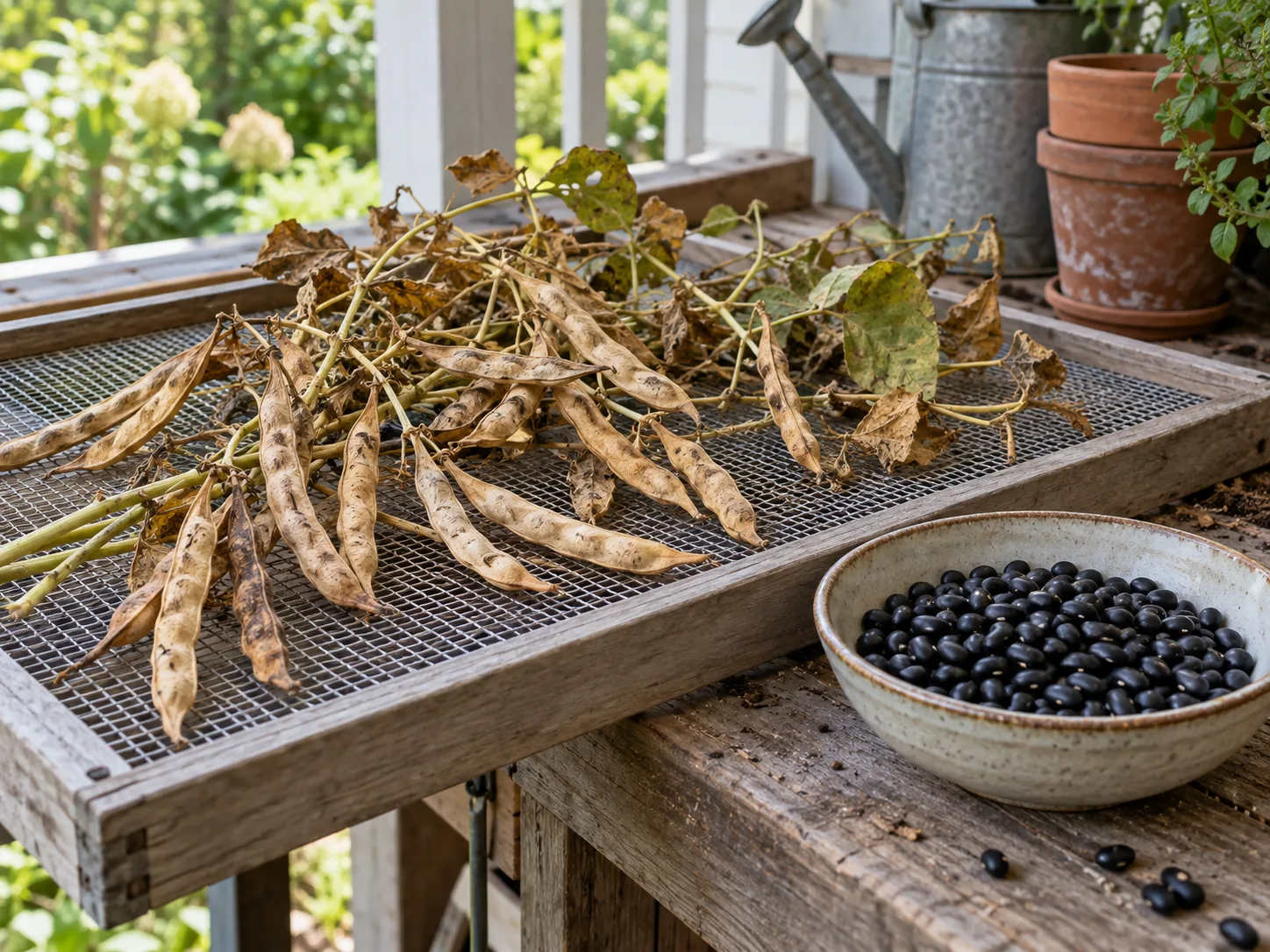 Black turtle bean pods drying on an airy mesh rack beside a bowl of shelled black beans