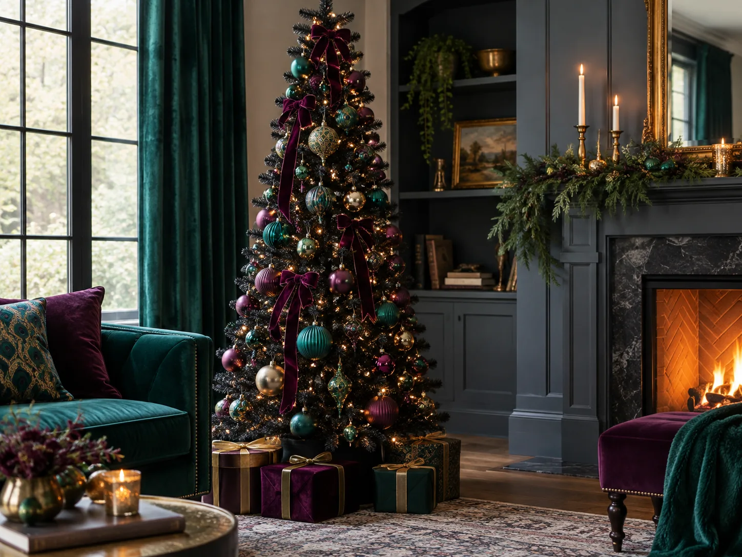 A black Christmas tree with peacock blue, emerald, plum, and gold ornaments