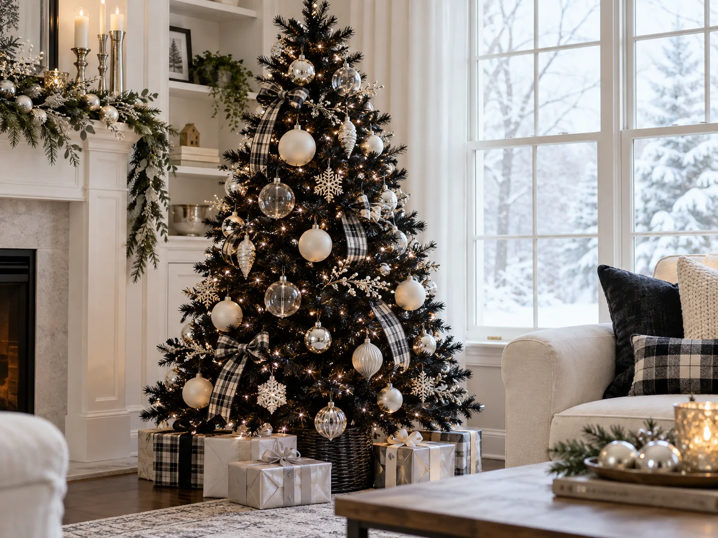 A black Christmas tree styled with ivory ornaments, silver accents, and warm lights