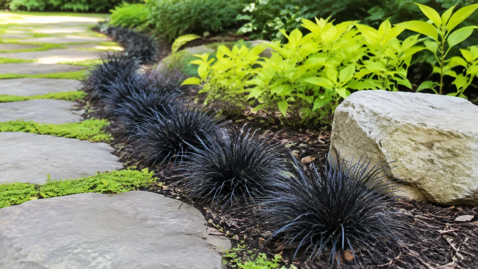 Black mondo grass planted along a partly shaded path with bright foliage for contrast