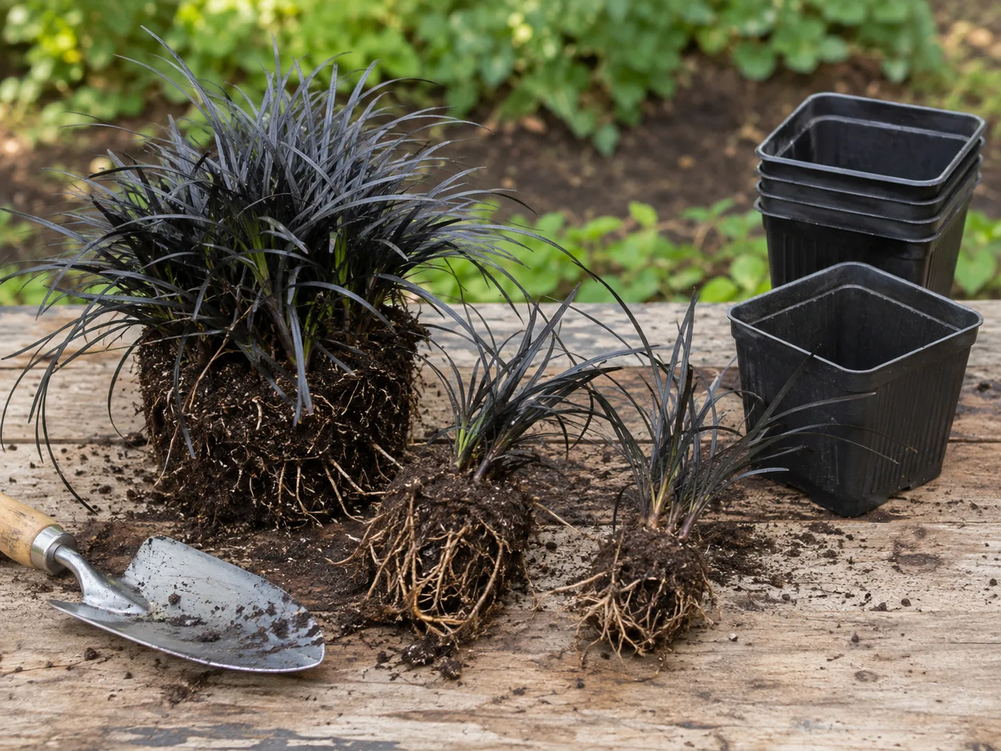 A black mondo grass clump separated into rooted divisions for replanting