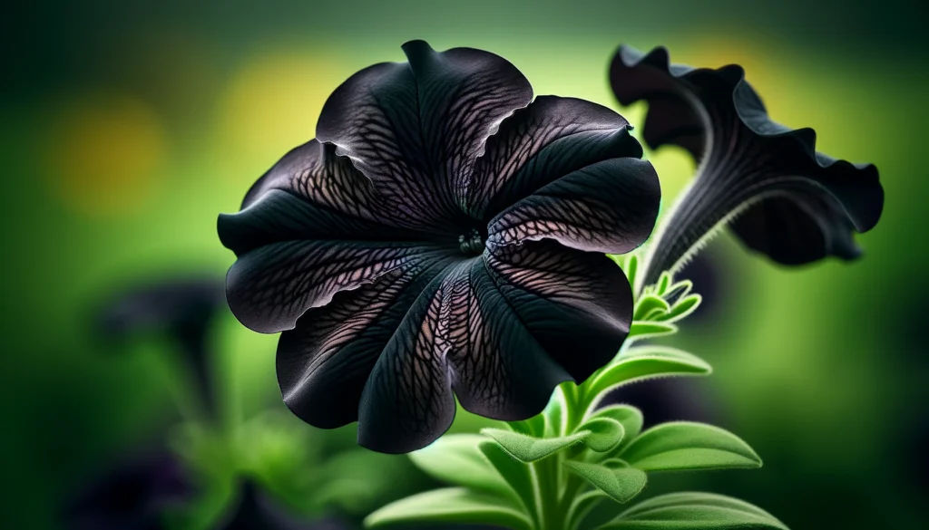 Near-black petunia in soft overcast — petals read almost solid black with faint lavender veining