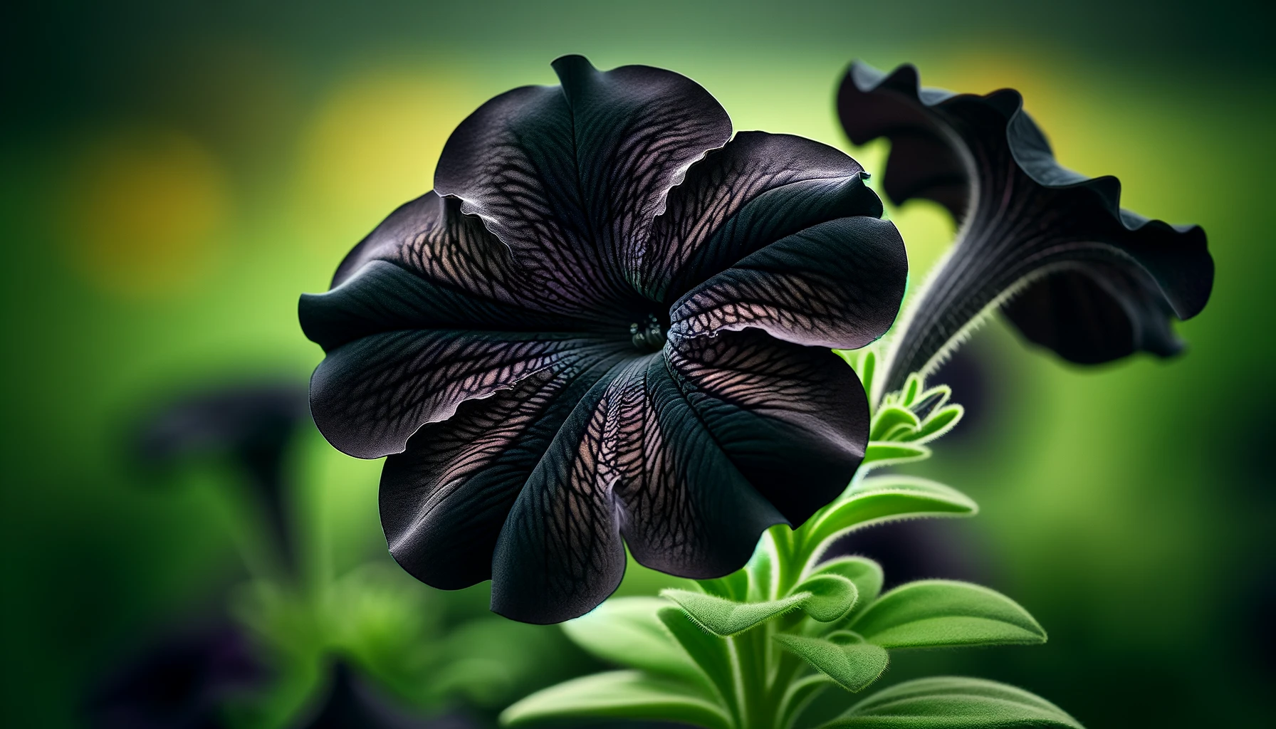 Near-black Black Velvet petunia blooms in a porch container against pale siding