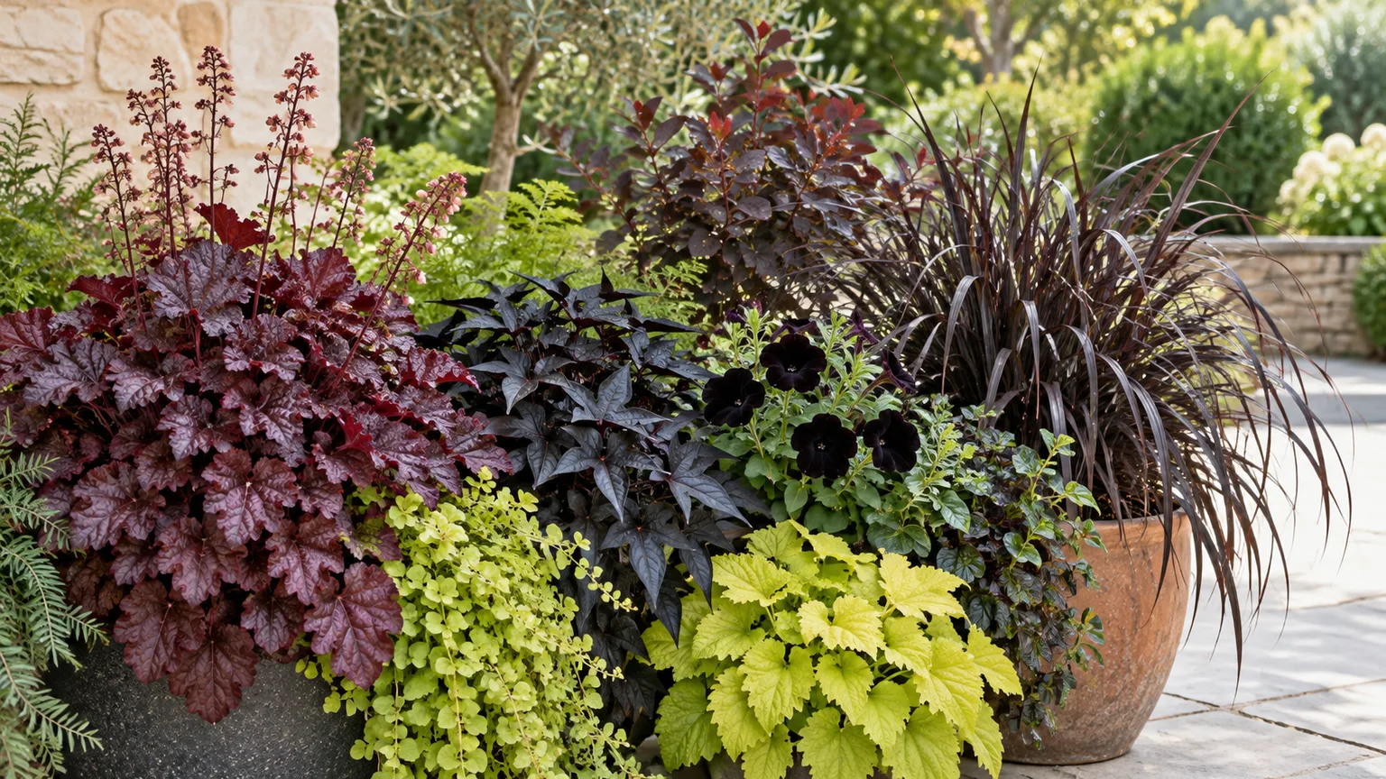 A mixed garden border with near-black foliage and dark flowers balanced by pale and chartreuse plants