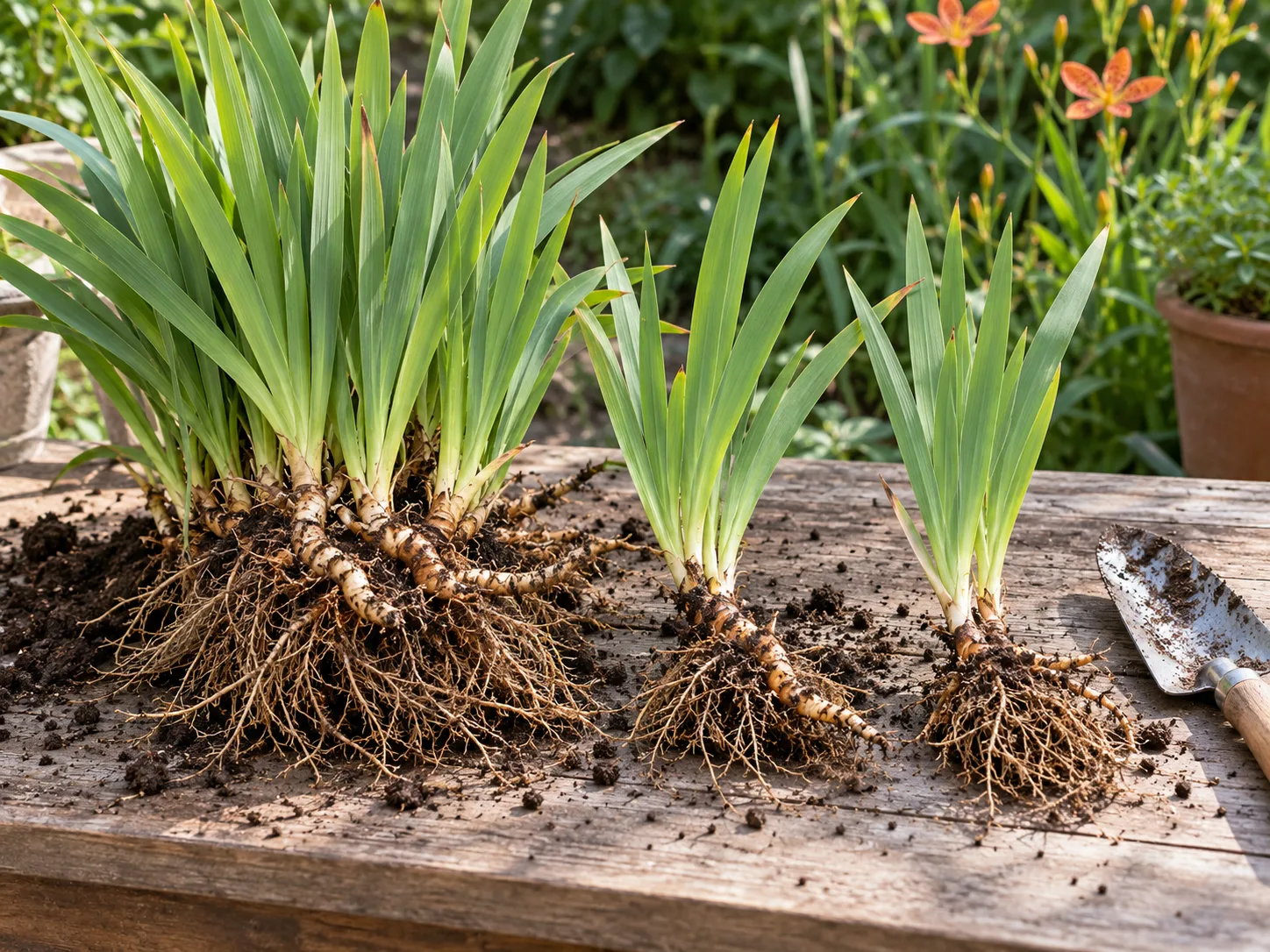 Blackberry lily clump lifted and divided into sections with healthy leafy fans and rhizomes