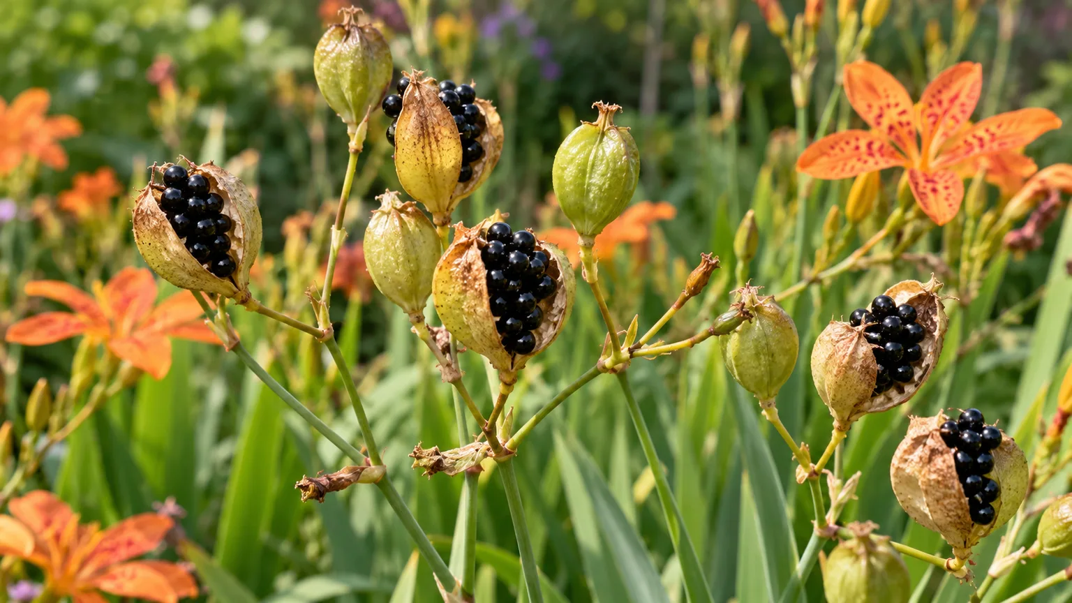 Blackberry lily seed capsules splitting open to reveal glossy black seed clusters