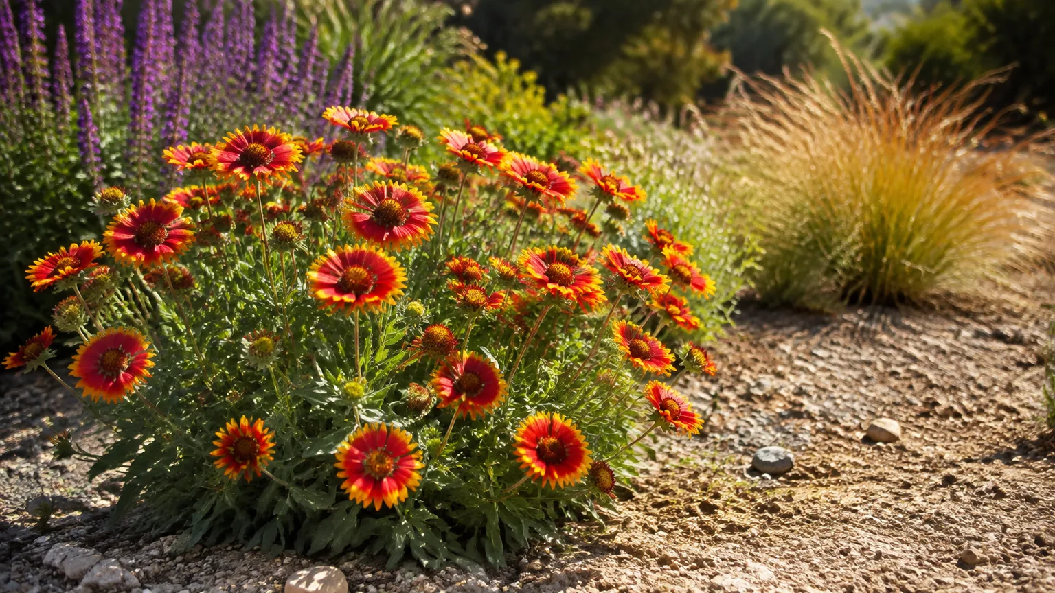 Healthy red-and-gold blanket flowers in a sunny, gravelly garden border