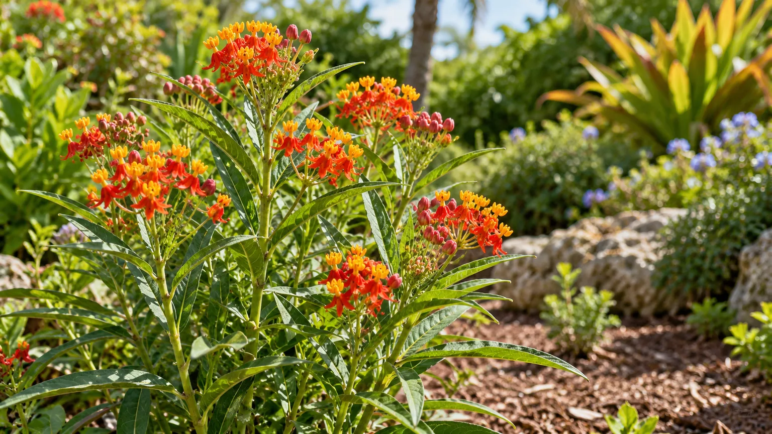 Blood flower with red-orange and yellow blossoms growing in a sunny garden bed