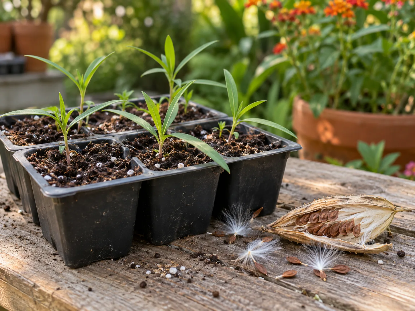 Tropical milkweed seedlings and opened seed pod on a potting bench