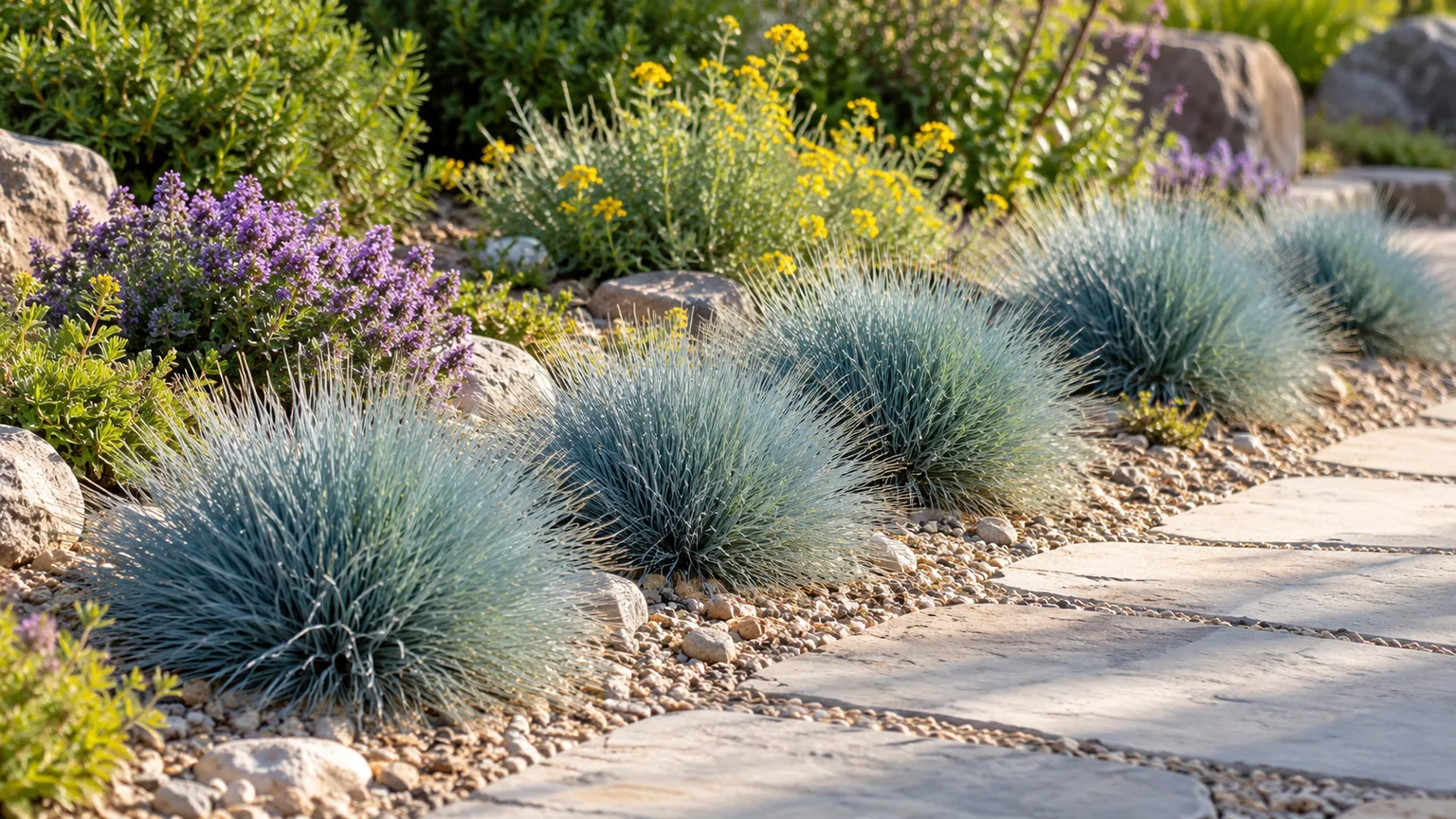 Blue fescue clumps used as sunny, well-drained edging beside a stone path