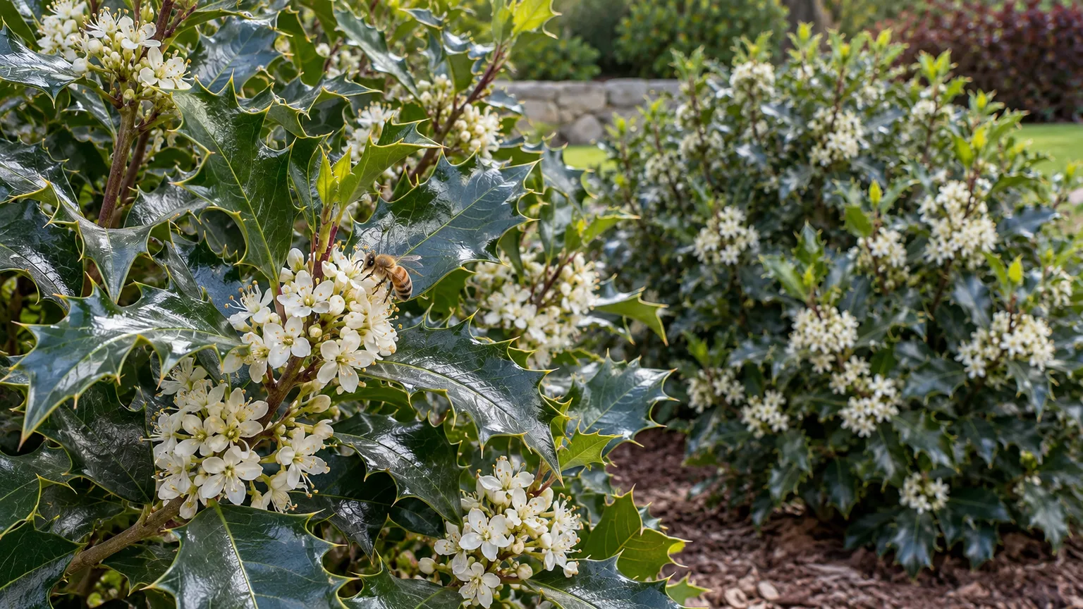 Honeybee visiting small white flowers on flowering Meserve holly shrubs in spring.