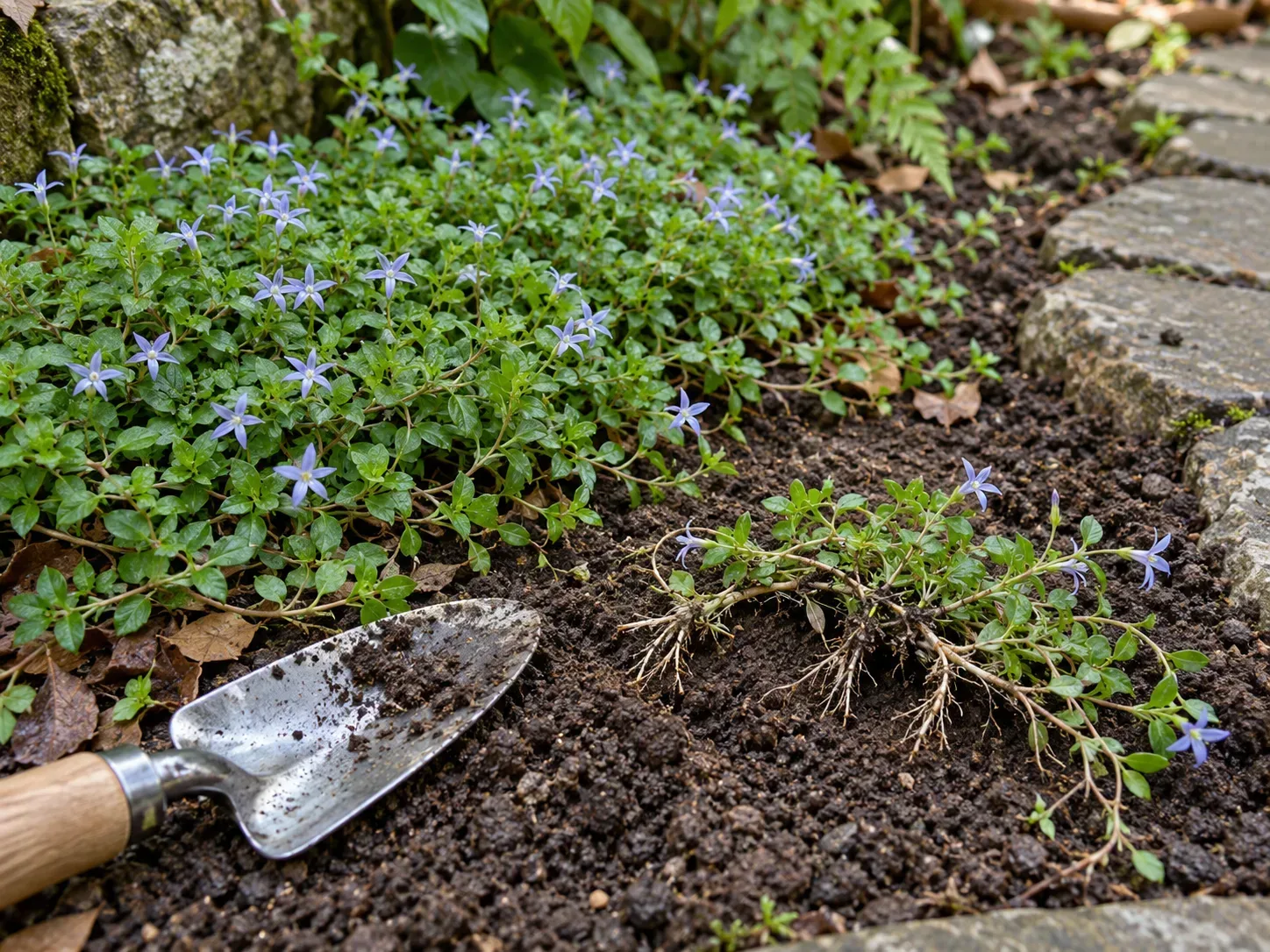 Rooted blue star creeper runner lifted beside a healthy mat, showing shallow roots at the nodes
