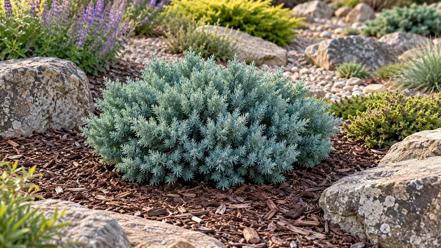 Recently planted Blue Star juniper set at soil grade in a sunny, well-drained rock garden
