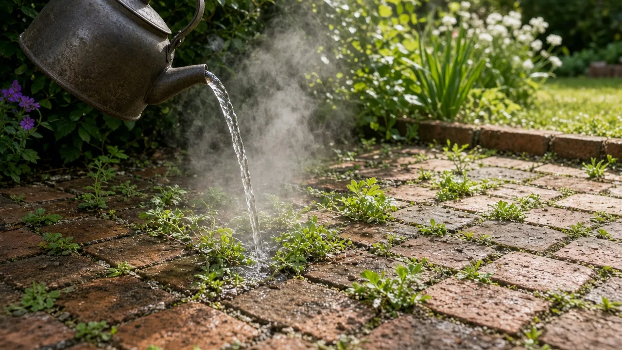 Weeds growing between pavers beside a watering can and hand weeding tools