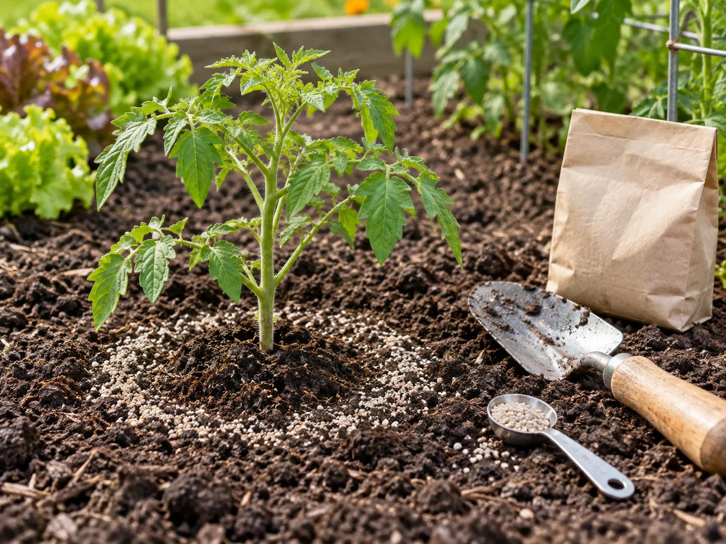 Measured bone meal lightly incorporated around a young tomato transplant