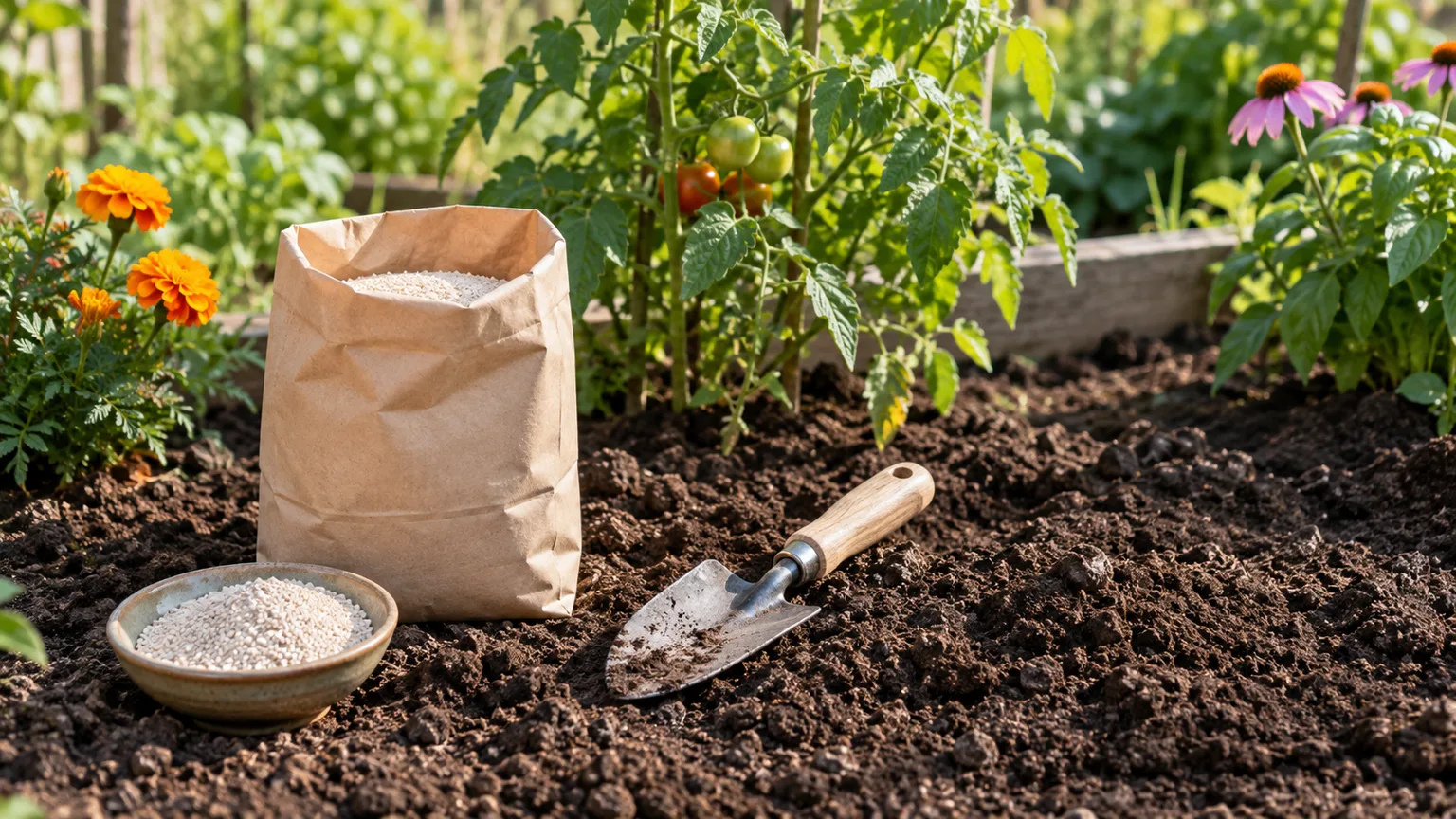 Bone meal fertilizer, trowel, and granules beside a vegetable garden bed