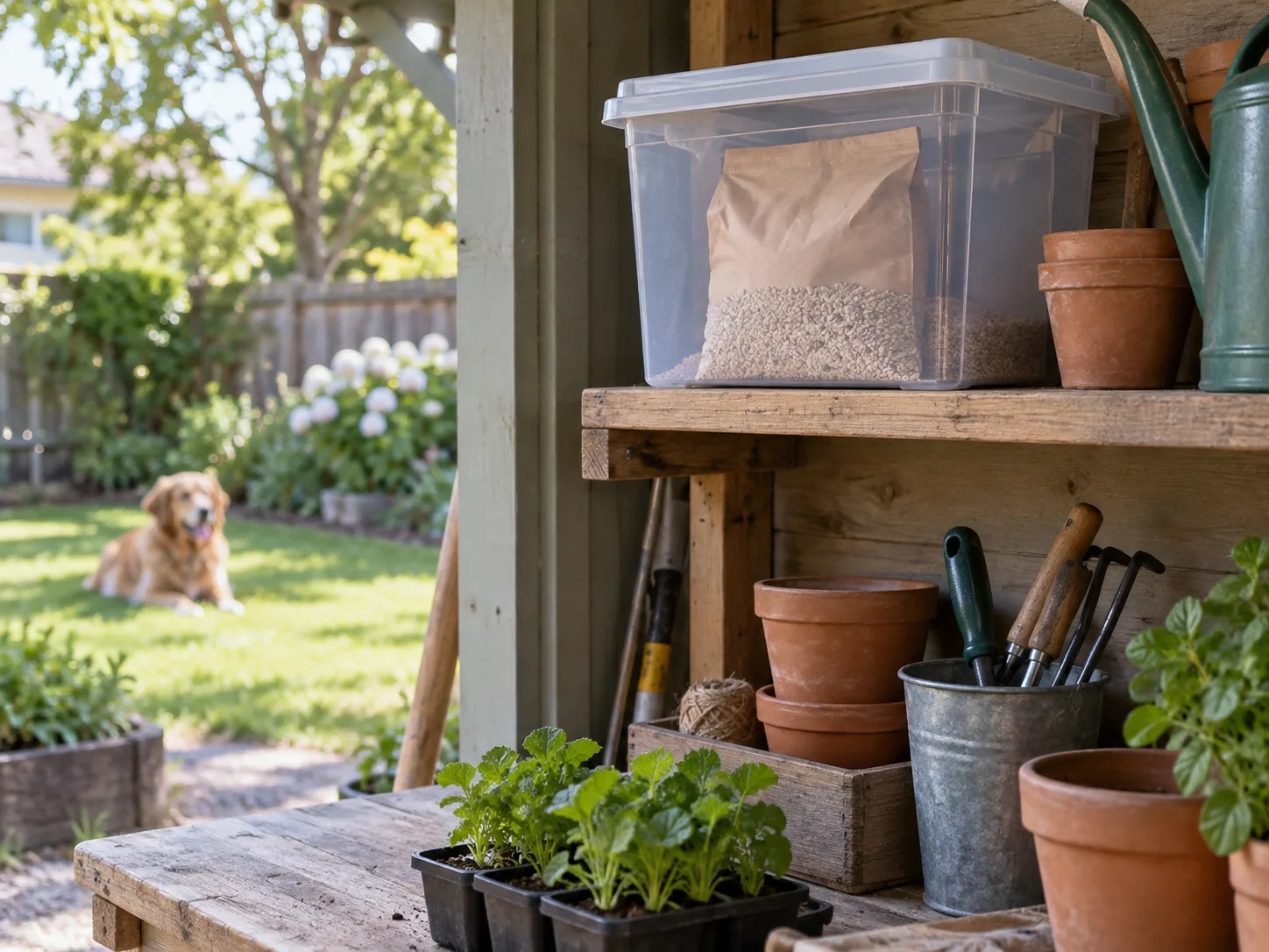 Bone meal fertilizer sealed in a storage bin in a potting shed with a dog safely in the distant yard