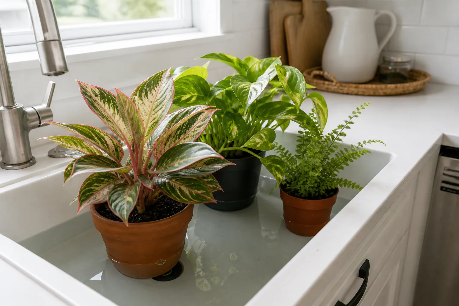 Houseplants in nursery pots bottom watering in a kitchen sink filled with a few inches of water before a trip