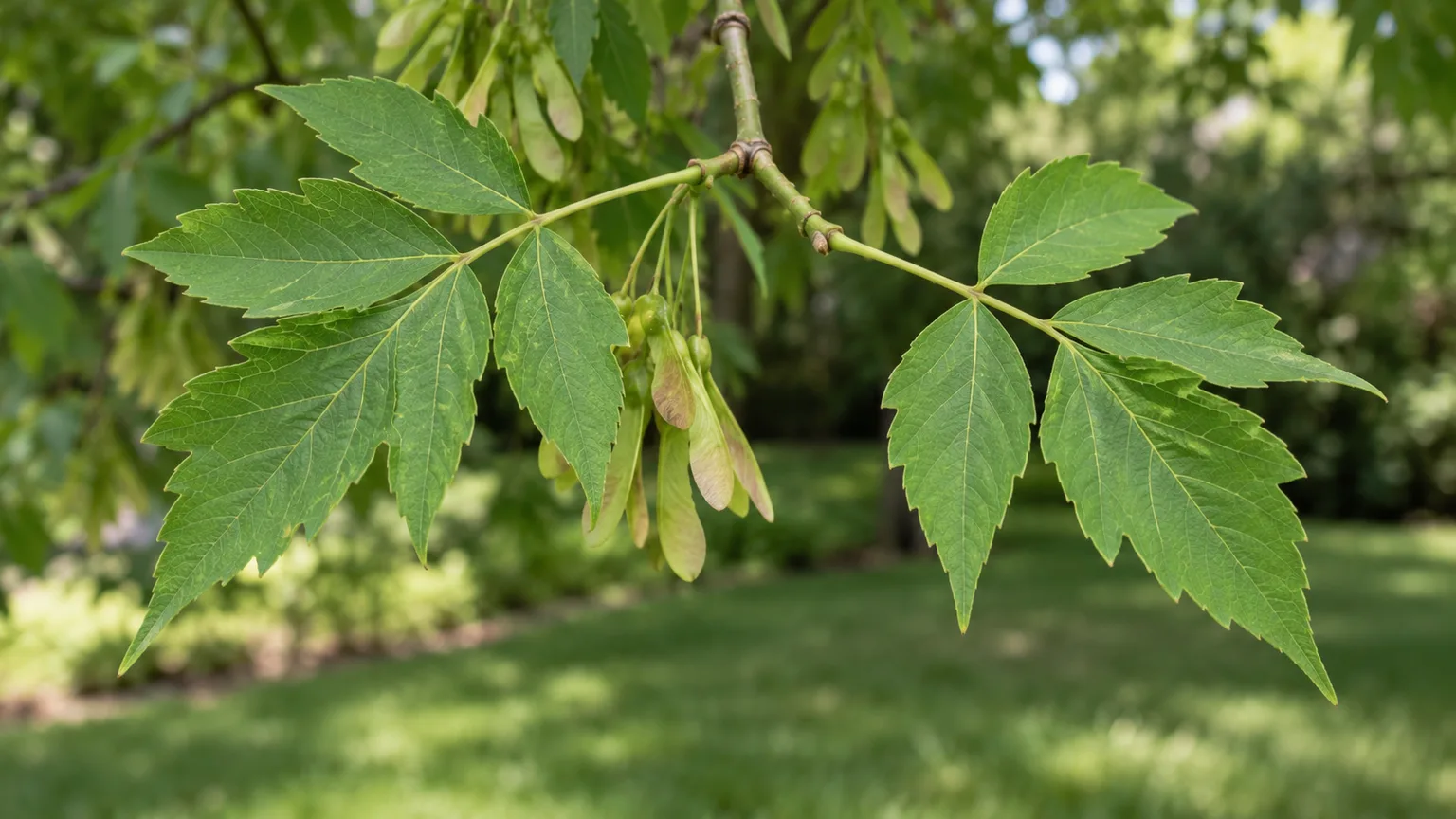 Opposite boxelder twigs carry compound leaves and paired samaras